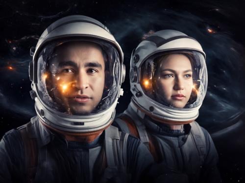 AI výsledek: dvojice jako astronauti ve skafandrech ve vesmíru