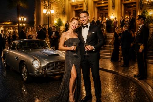 AI výsledek: dvojice ve večerním oblečení před casinem v Monte Carlu se sportovním vozem