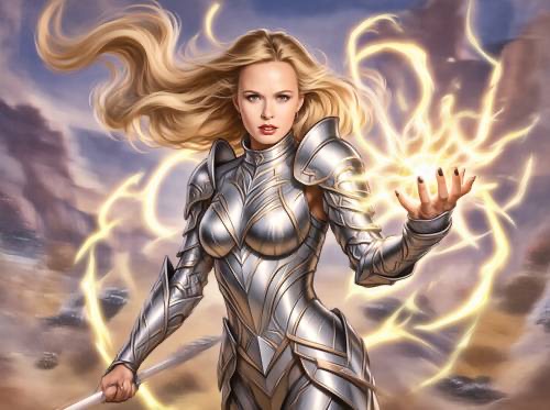 AI výsledek: postava ve fantasy brnění s energií v ruce